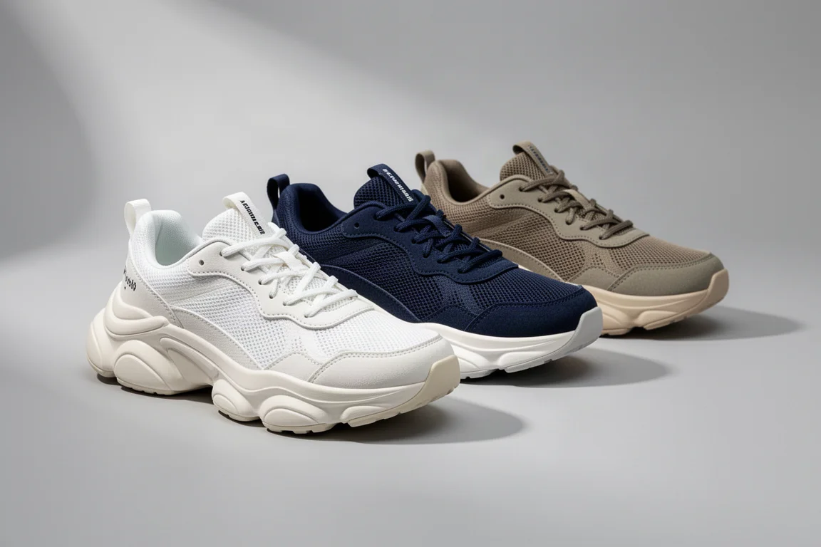 Five max cushion running shoes lined up on a grey studio backdrop