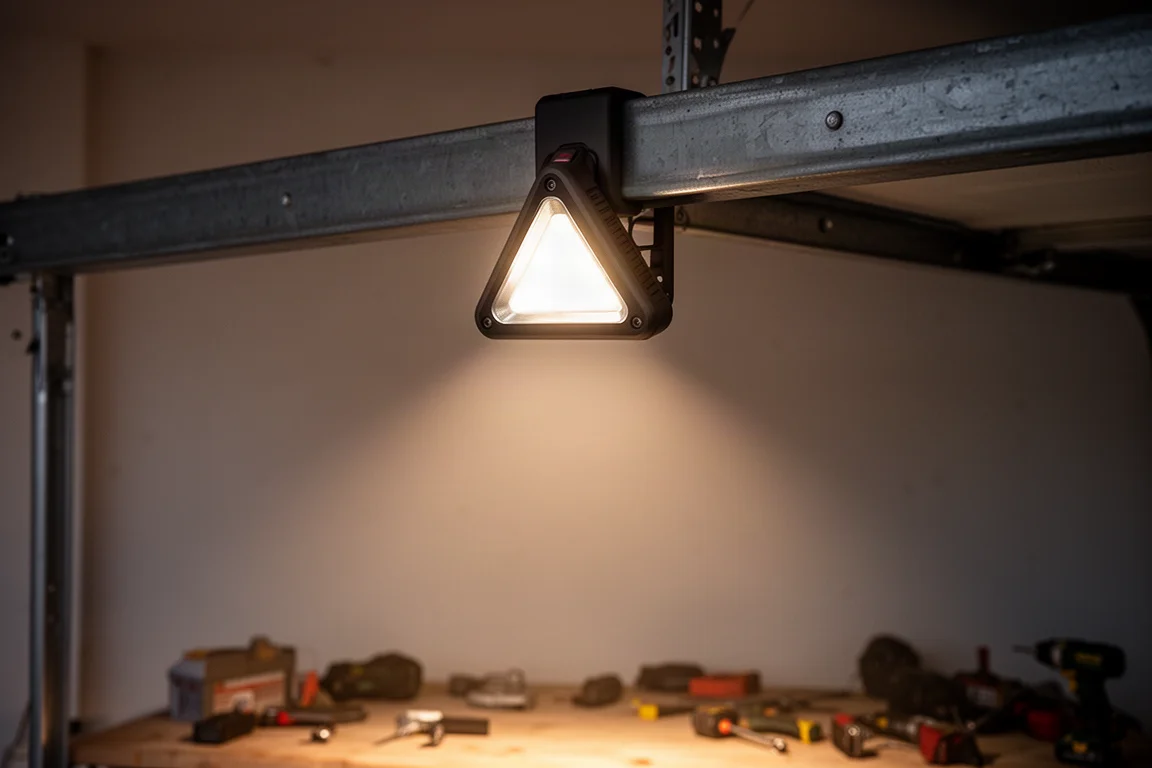 Foco LED portátil sujeto magnéticamente a una viga metálica proyectando una amplia luz de trabajo