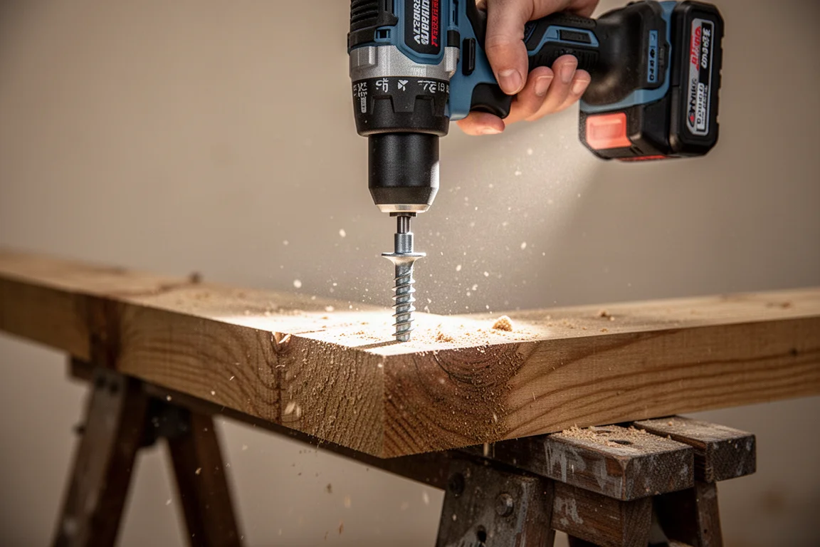 Atornillador de impacto hidráulico inalámbrico insertando un tornillo en madera con poca luz en el taller