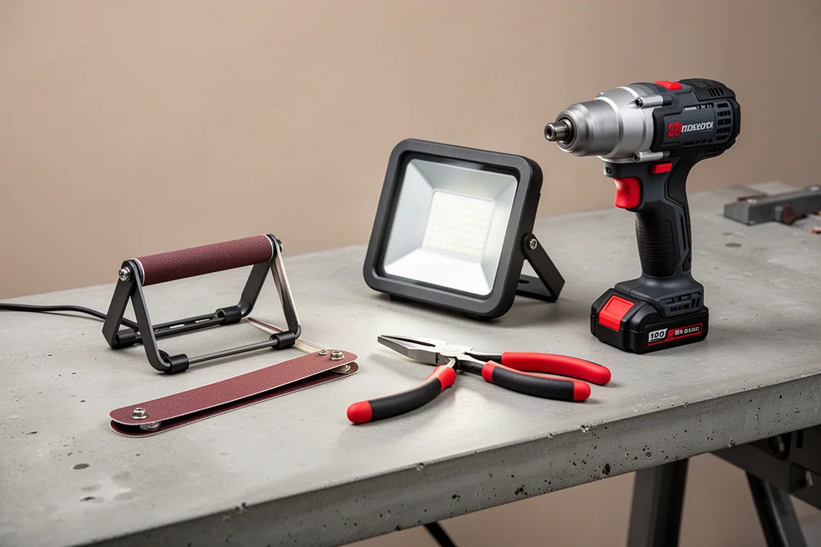 Collezione di utensili professionali a batteria e a mano disposti su una panca di lavoro in cemento
