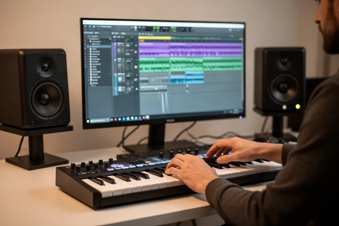 音樂製作人在配備 MIDI 鍵盤和監聽喇叭的工作室桌面工作
