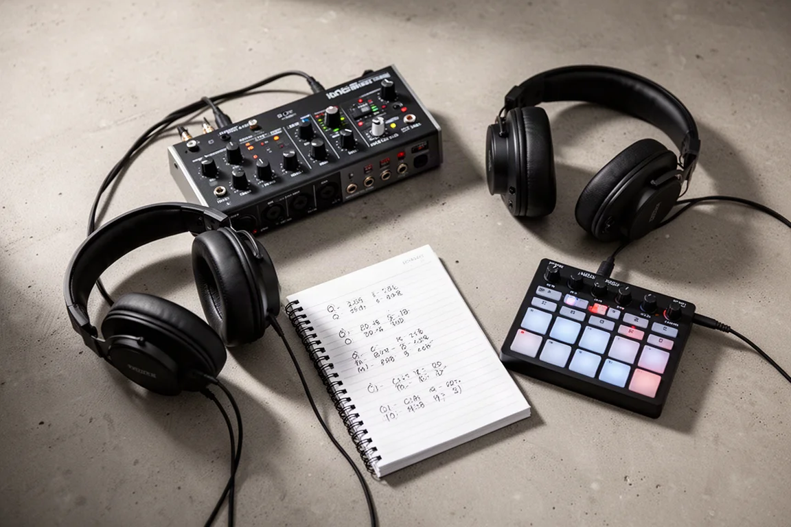 工作室桌面俯視圖,配備音訊介面、耳機和 MIDI 控制器