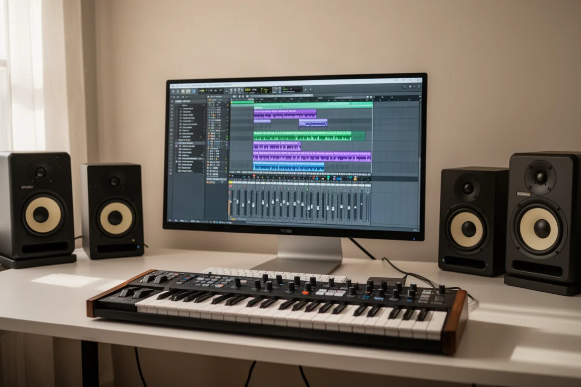 現代音樂製作工作室桌面，配備 DAW 顯示器、MIDI 鍵盤和錄音室監聽喇叭