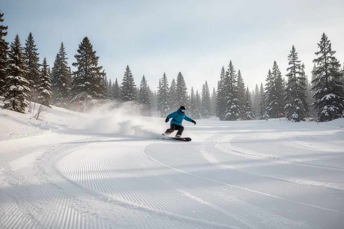 Snowboarder carving a groomed run on a bright winter morning