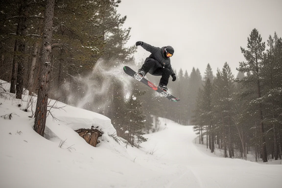 Snowboarder boosting off a natural side hit beside a trail