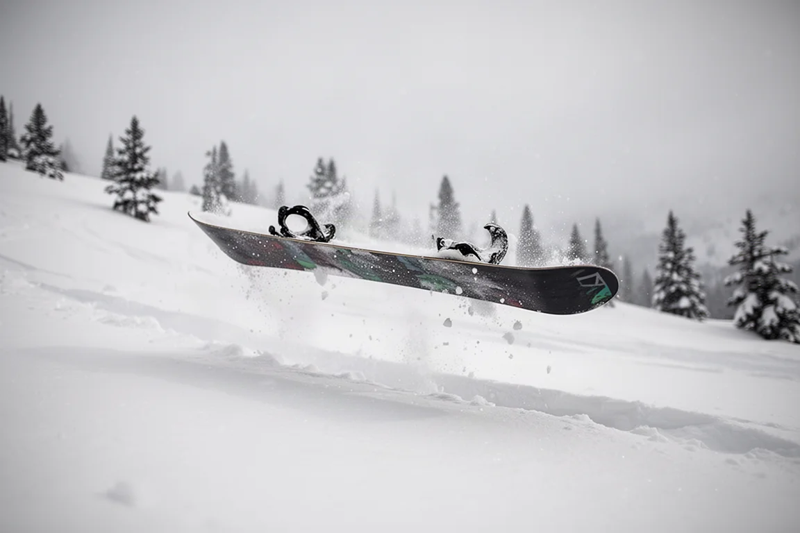 Snowboard floating above deep powder snow in the backcountry