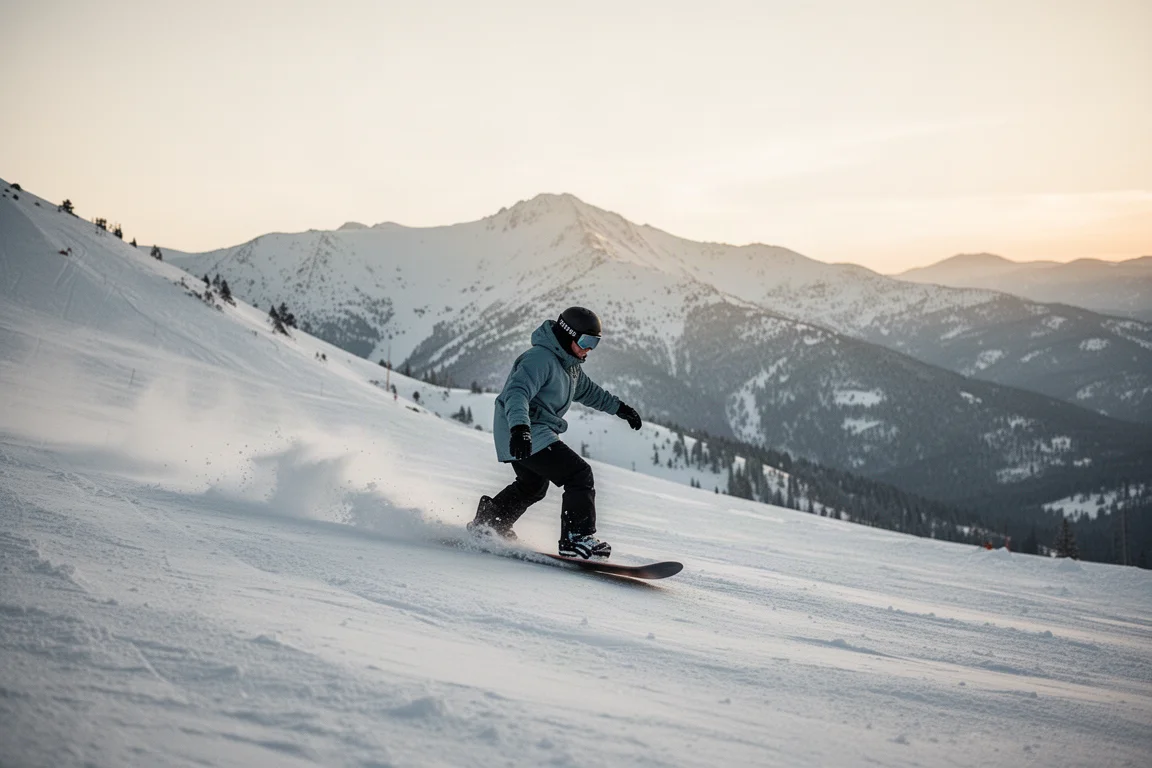 Snowboarder riding switch down a wide open mountain face