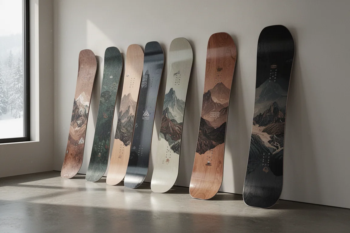 Row of seven pro model snowboards standing upright in a shop