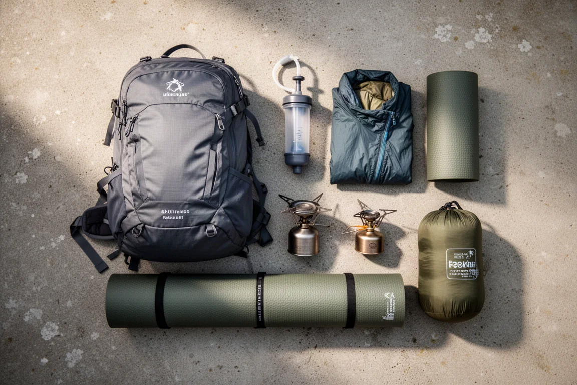 Ultralight backpacking gear arranged as a flat-lay on a weathered wooden surface