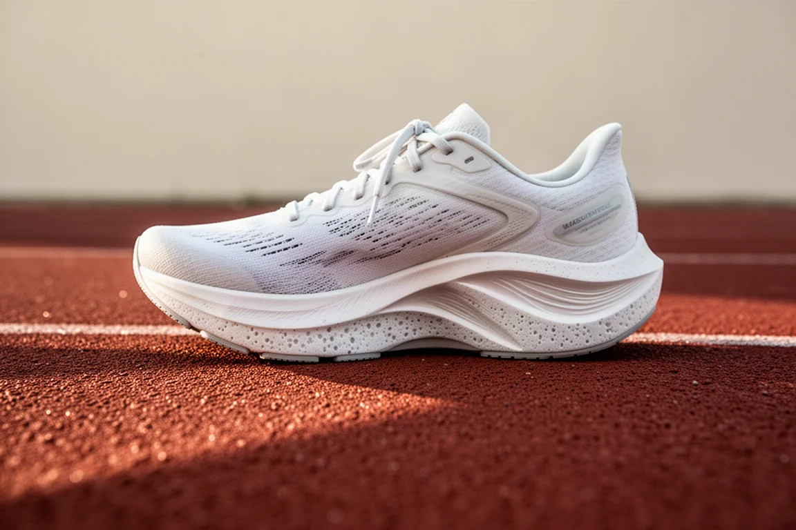 Primer plano de la mediasuela ligera de una zapatilla de running sobre la superficie de una pista