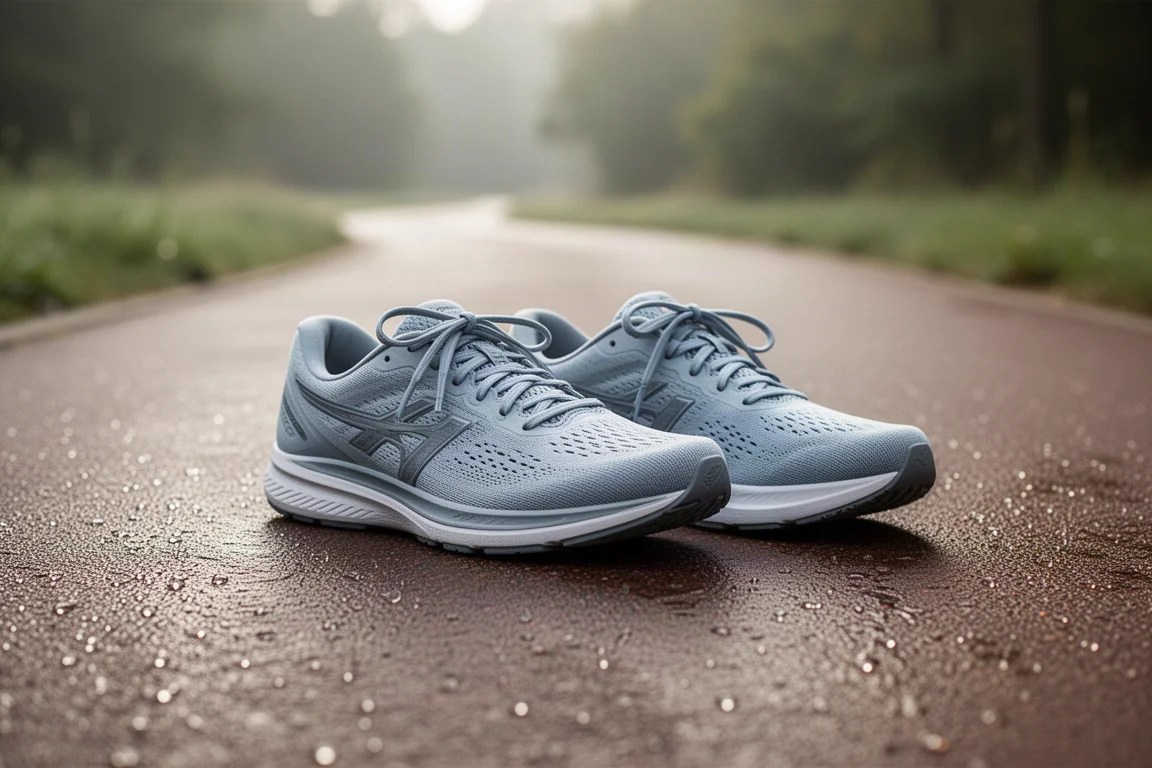 Par de zapatillas ligeras de entrenamiento diario junto a un camino de running
