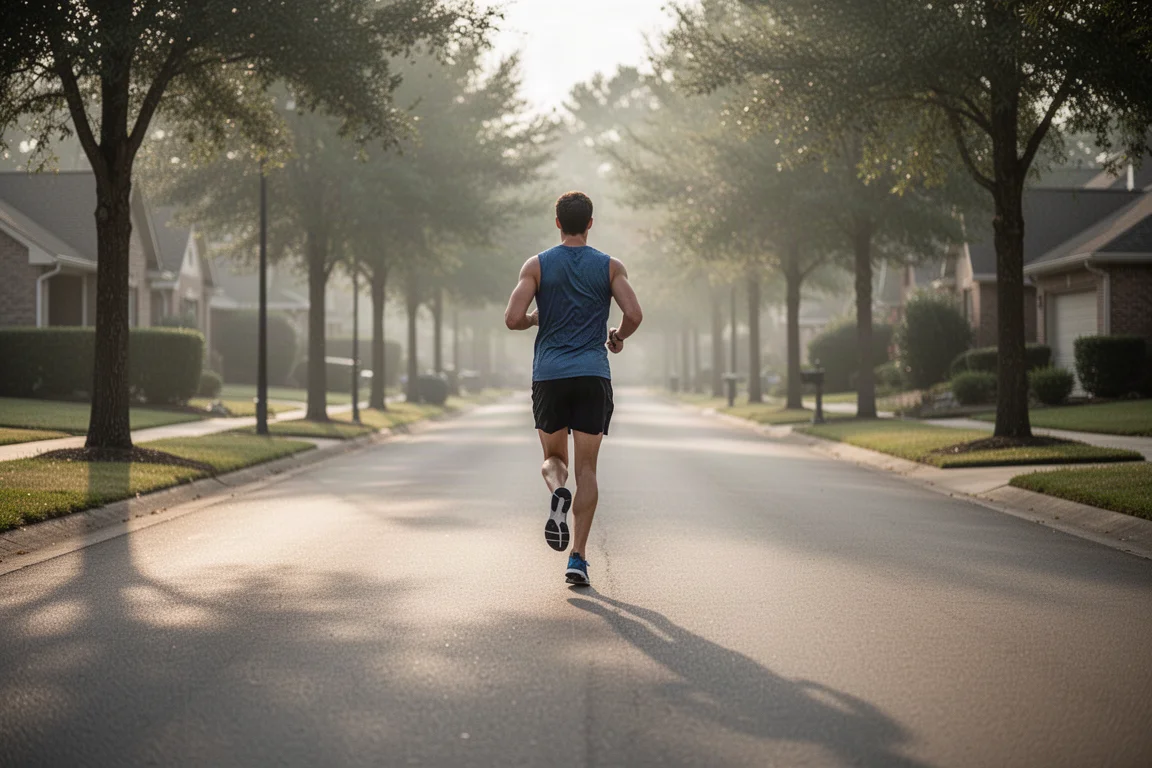Un runner che corre su una strada di periferia tranquilla nella morbida luce del mattino