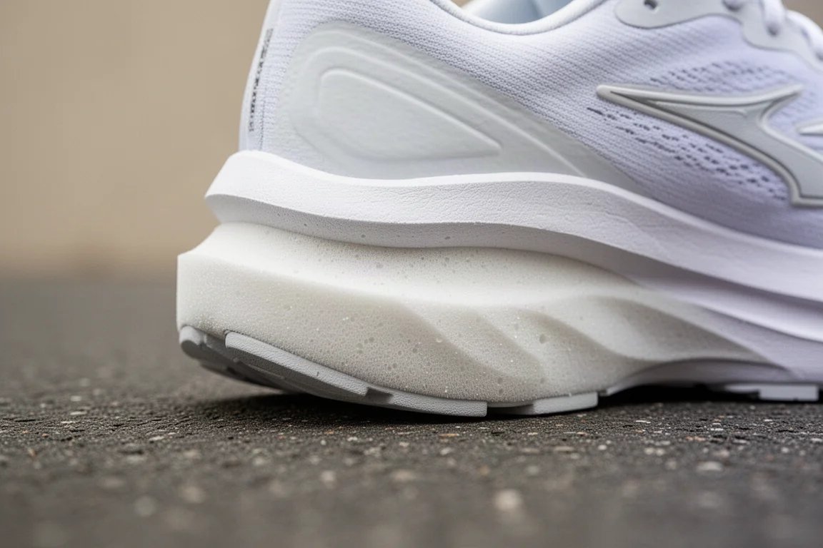 Primo piano della schiuma della mesola di una scarpa da running che si comprime sotto carico