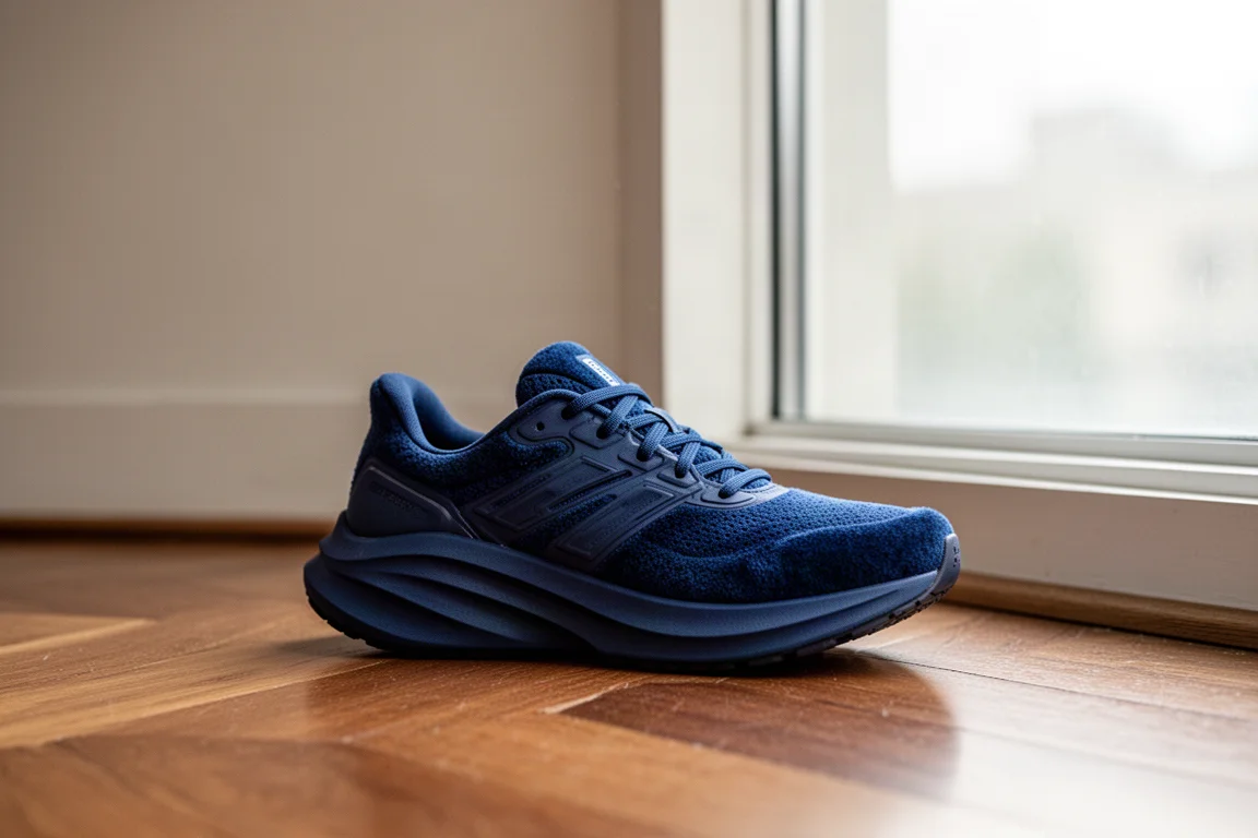 Una scarpa da running morbida appoggiata su un pavimento in legno vicino a una finestra
