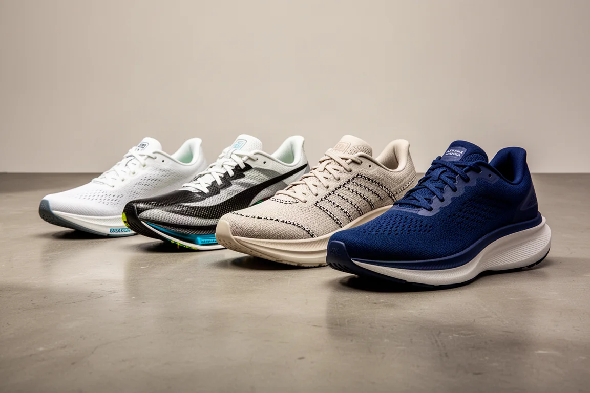 Five running shoes of different styles arranged on a concrete studio floor