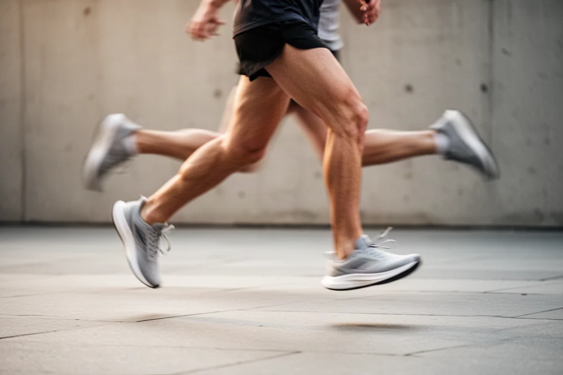Läufer beschleunigt auf städtischem Asphalt in leichten Laufschuhen