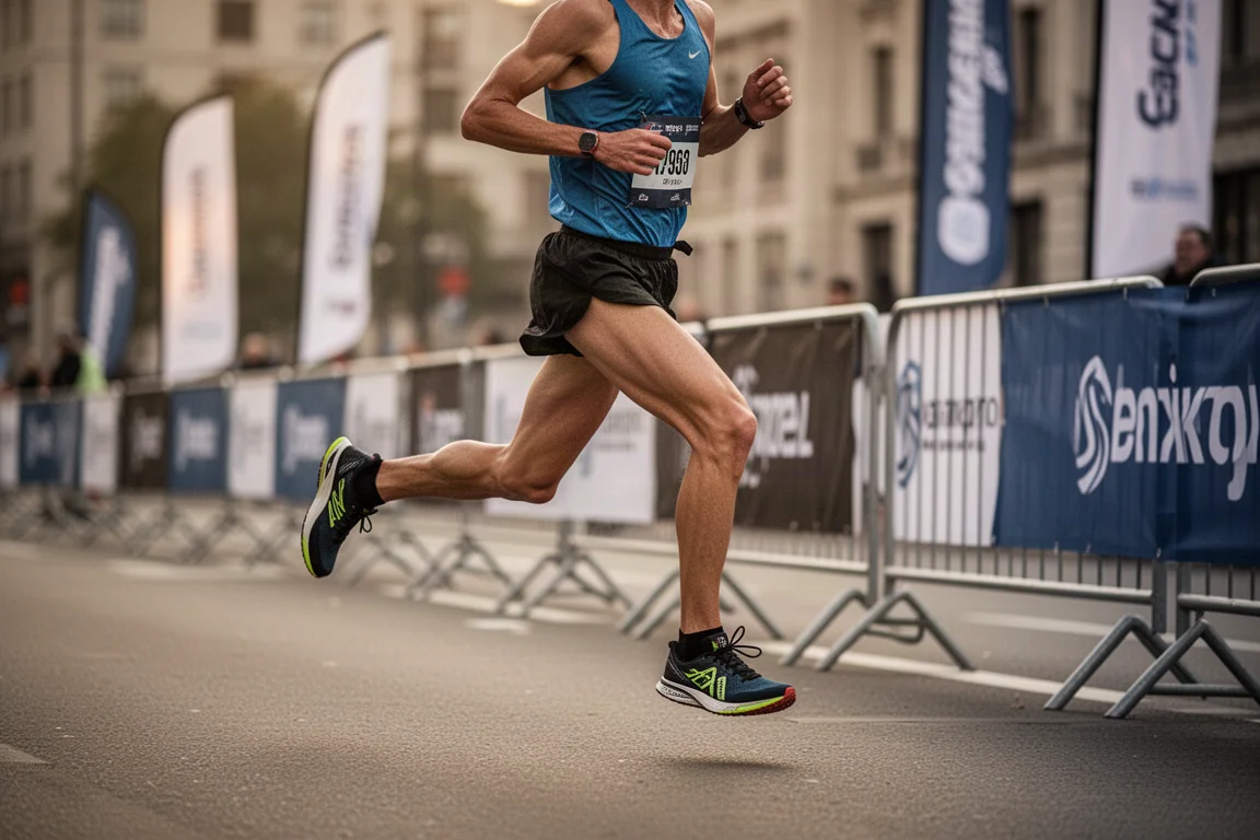 Läufer im Ziel eines schnellen Halbmarathon-Straßenrennens