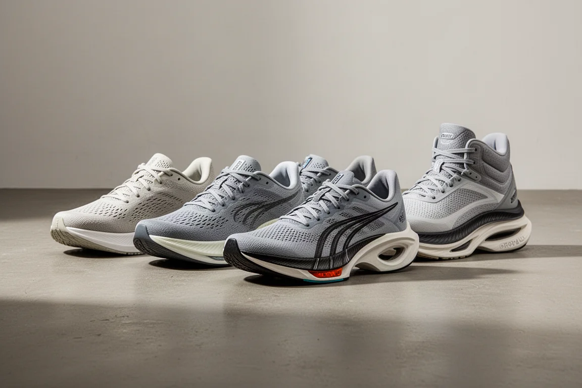 Five different running shoes arranged in a lineup on a concrete studio floor