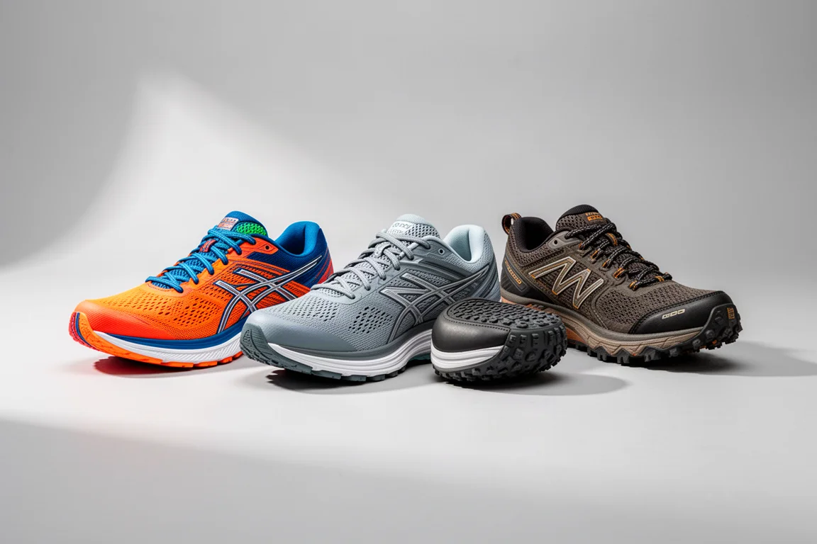 Three running shoes lined up side by side on a grey studio backdrop