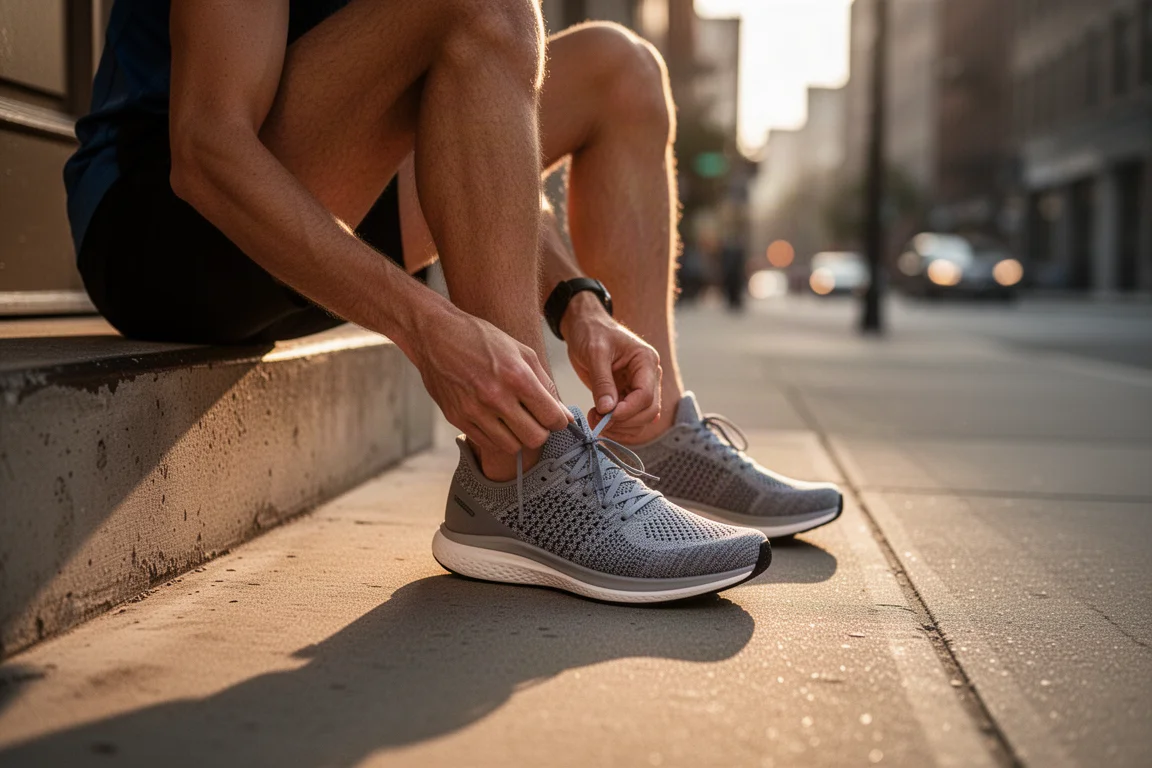 Runner lacing up a lightweight running shoe on a doorstep before an early morning run