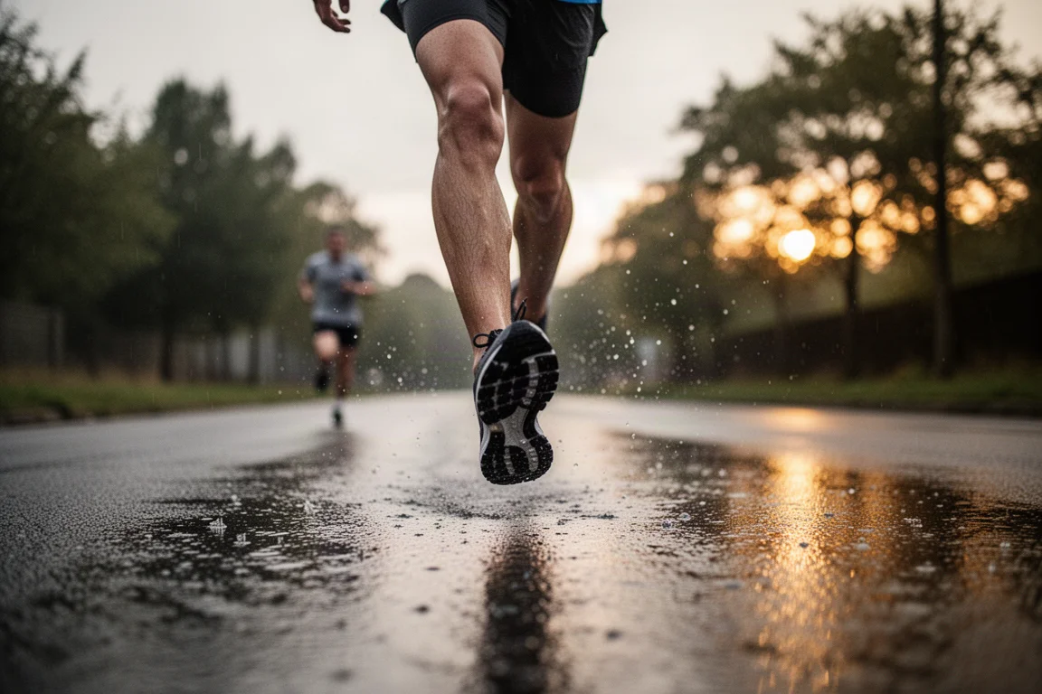 Runner mid-stride on a wet tarmac road during a tempo session