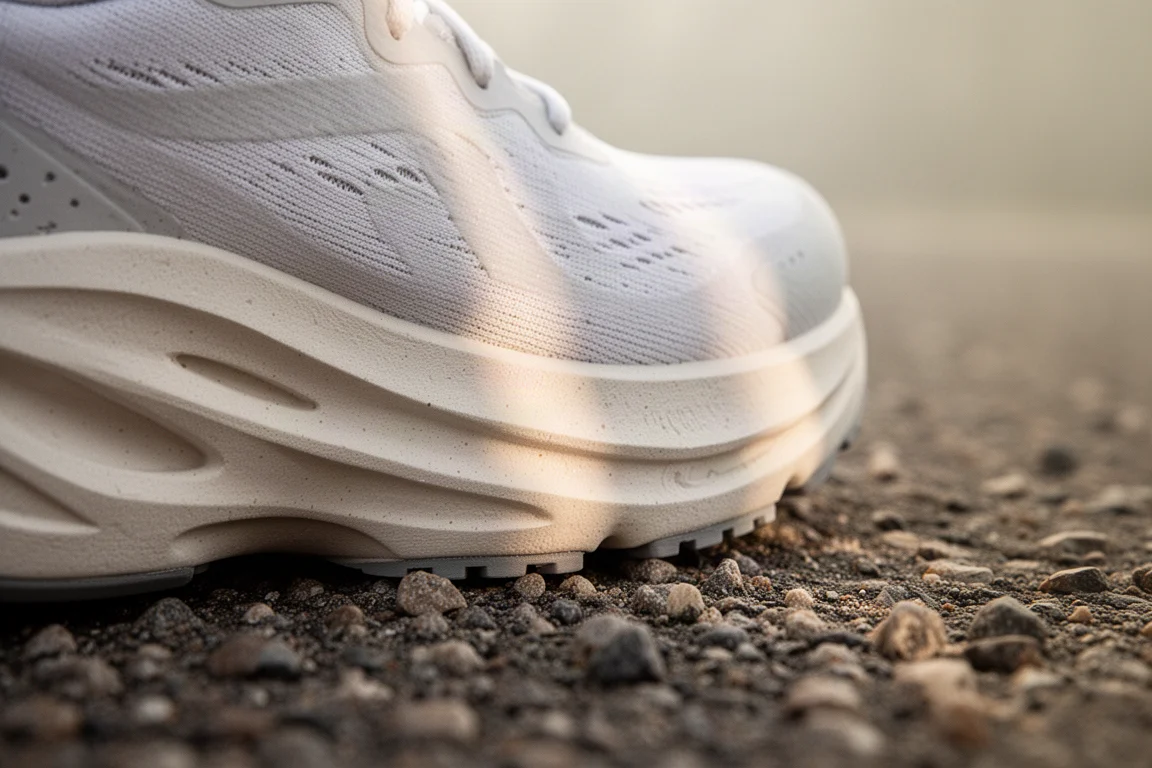 Detail of a thick cushioned running shoe midsole resting on gravel path edge