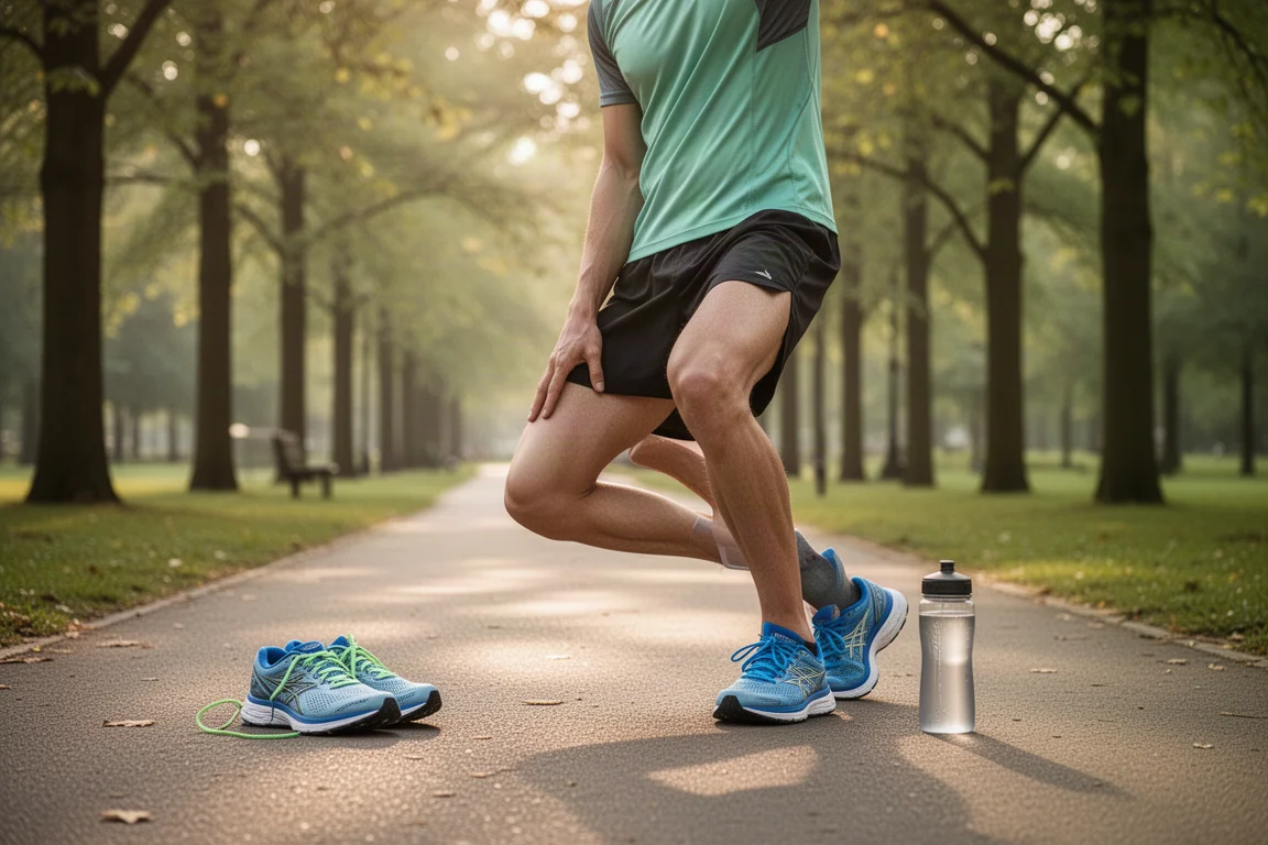 Runner stretching on a park path after an easy paced run in soft light