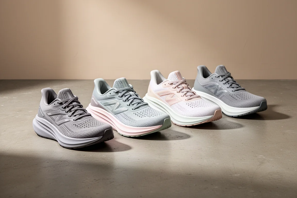 Six modern running shoes arranged in a row on a concrete floor