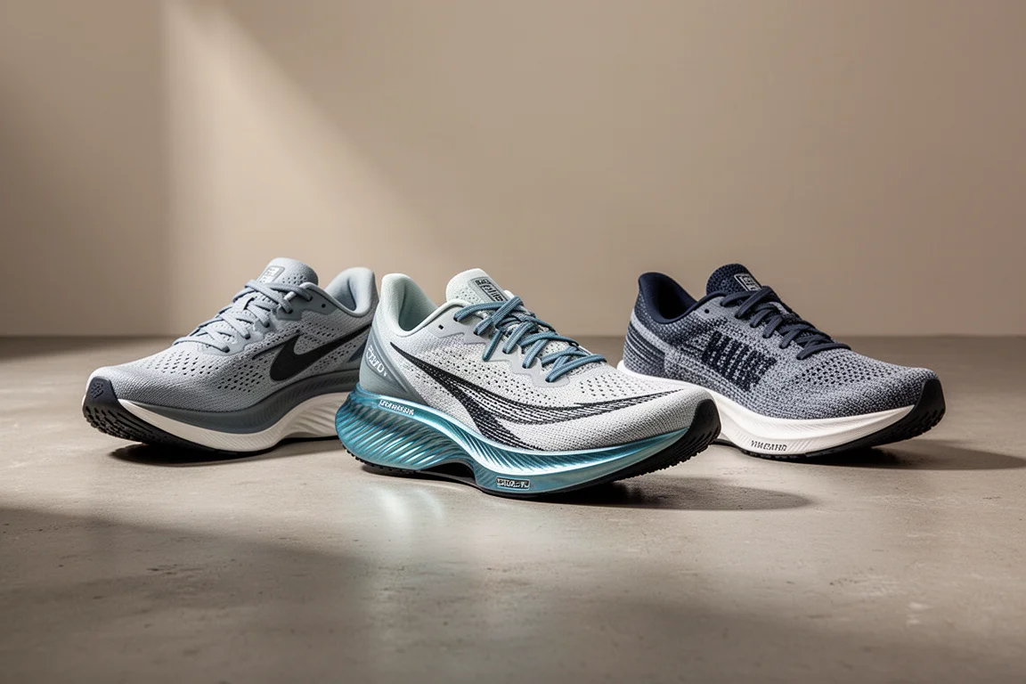 A row of varied running shoes on a concrete surface