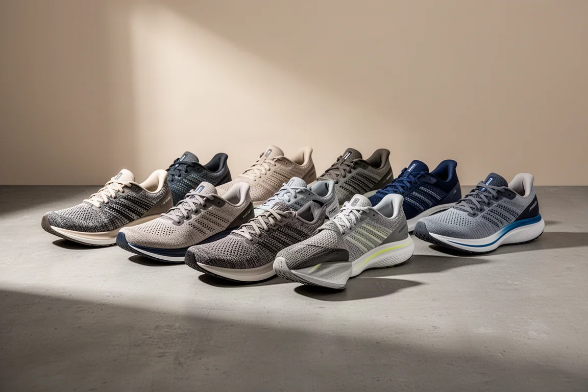 Lineup of twelve modern running shoes on a matte concrete surface