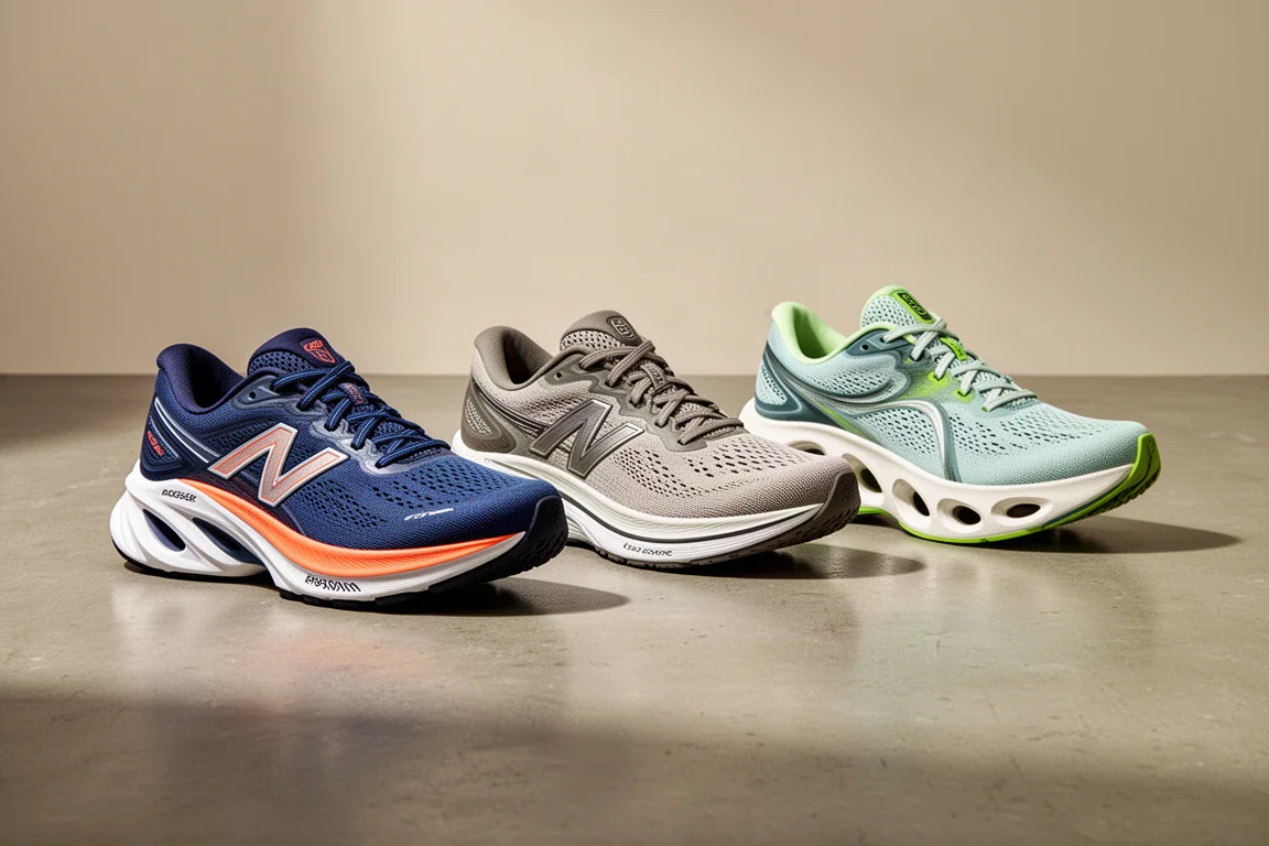 Three running shoes lined up on a concrete studio floor
