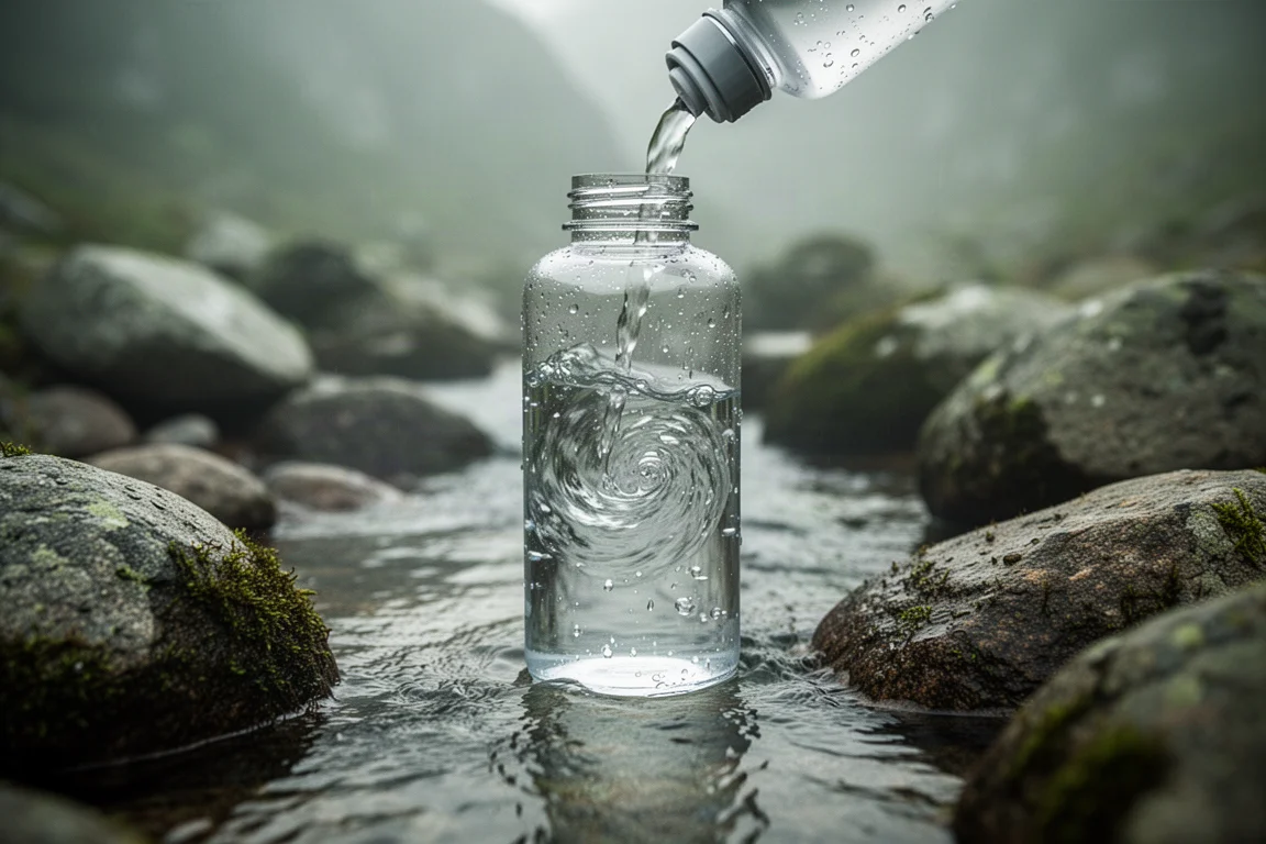 Bottiglia d'acqua trasparente riempita in un ruscello di montagna tra pietre bagnate