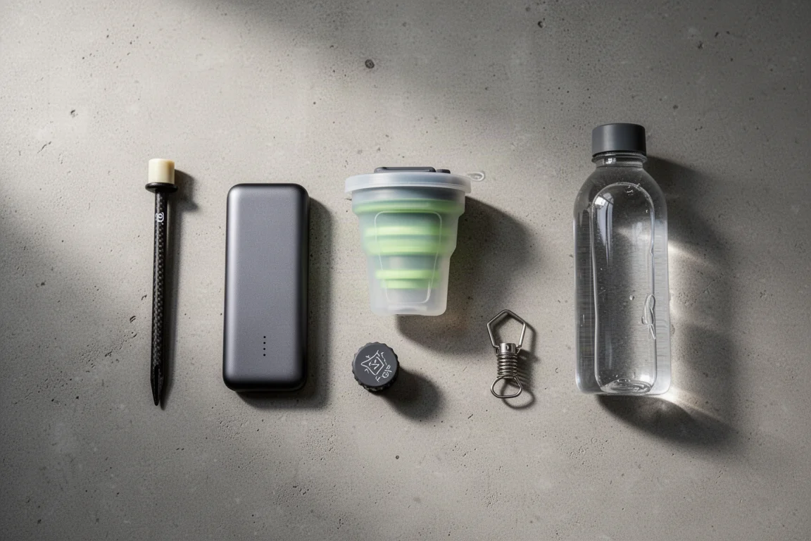 Sei articoli ultralight per il backpacking disposti su una superficie in cemento