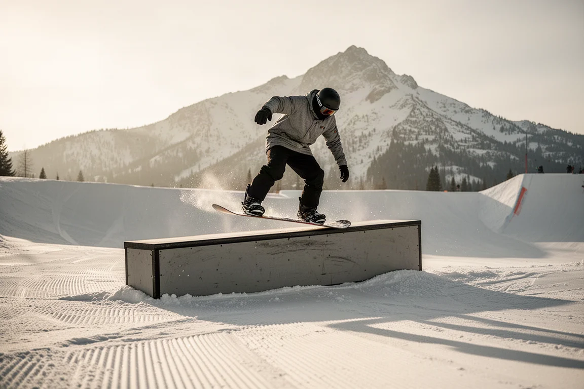 Snowboarder che fa butter su una linea di rail in un terrain park nella luce morbida del mattino