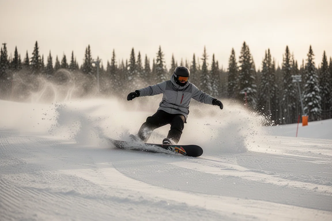 Snowboarder che fa un carving intenso su una pista battuta di un resort, con spruzzi di neve visibili