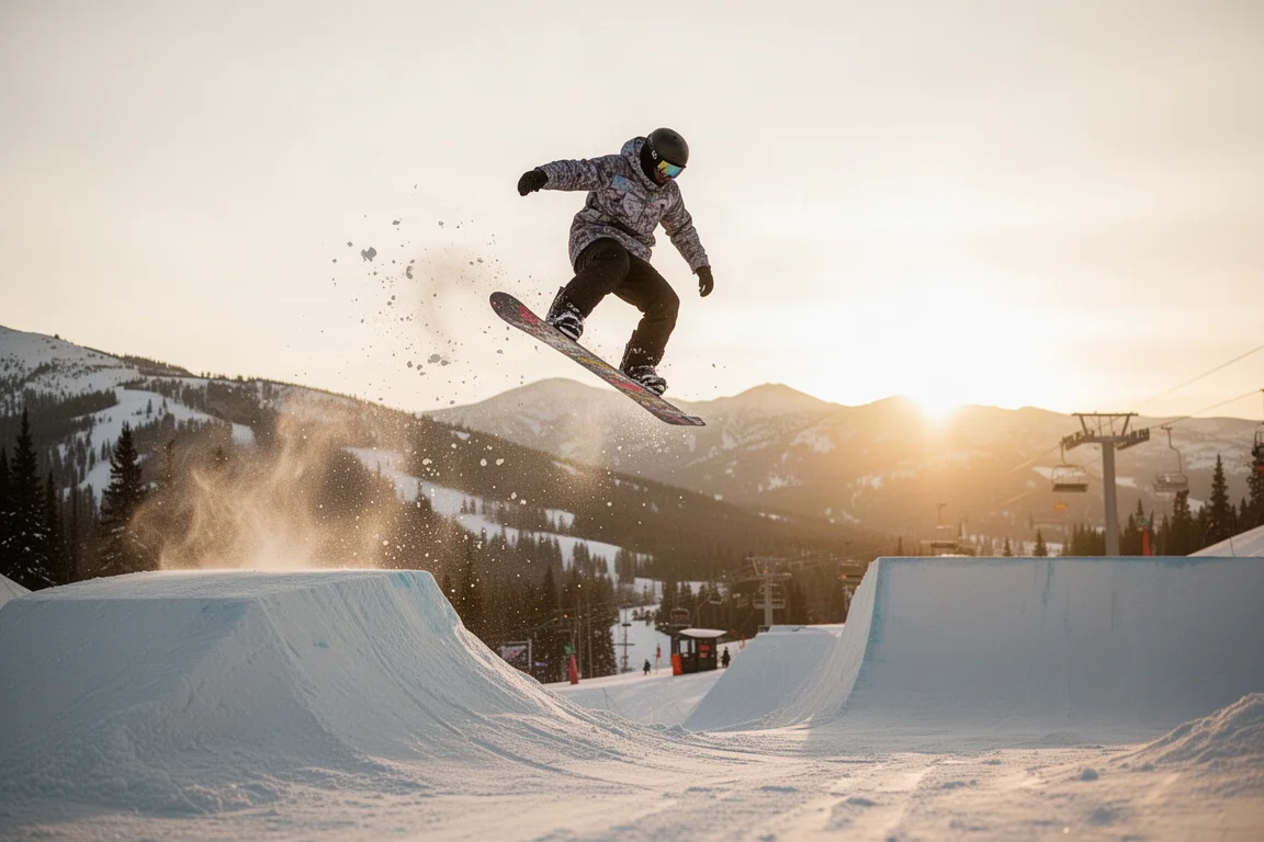 Snowboarder che salta una linea di jump nel terrain park all'ora dorata
