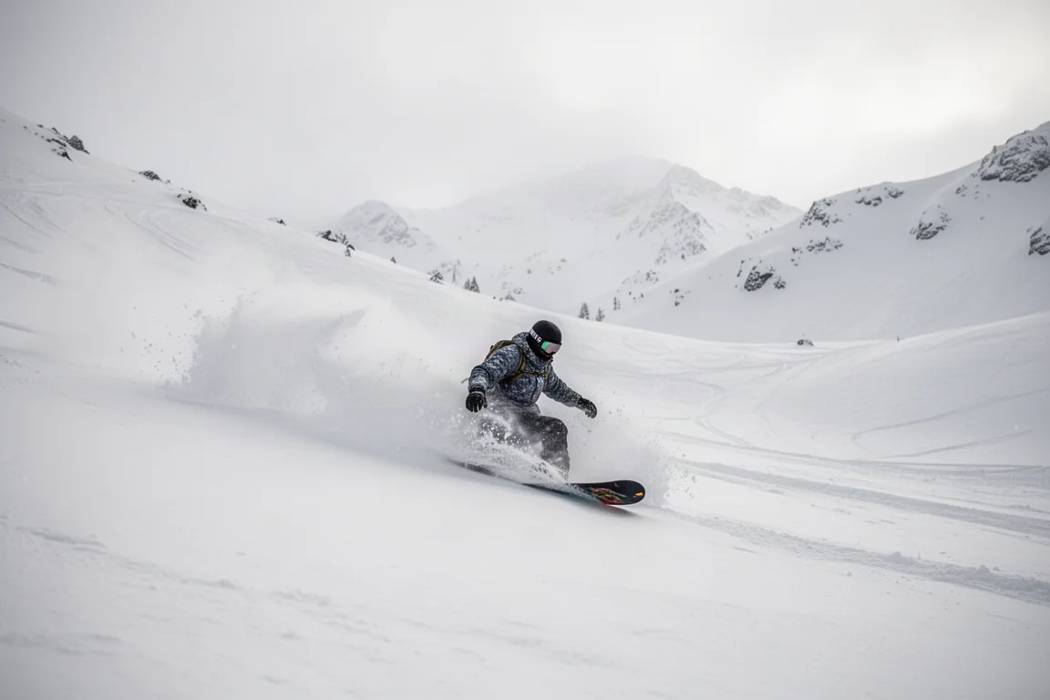 Snowboarder che scende nella neve fresca profonda nel backcountry, con una nuvola di neve dietro di lui