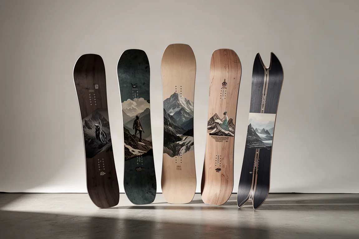 Sei snowboard in piedi disposti a ventaglio su uno sfondo grigio