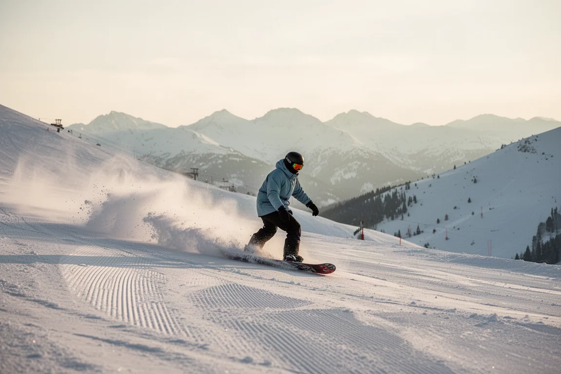 Snowboardeur taillant une carre sur une piste alpine damée dans une douce lumière matinale