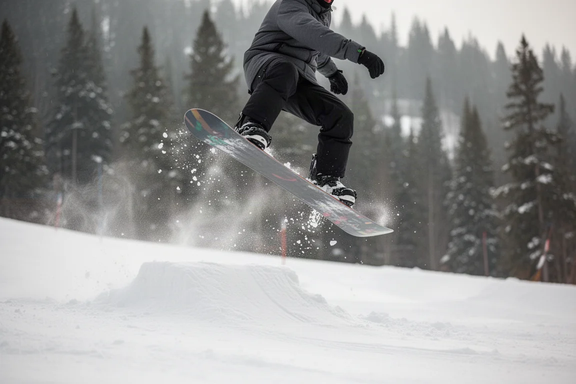 Snowboardeur sautant d'une petite bosse sur une piste damée en plein virage