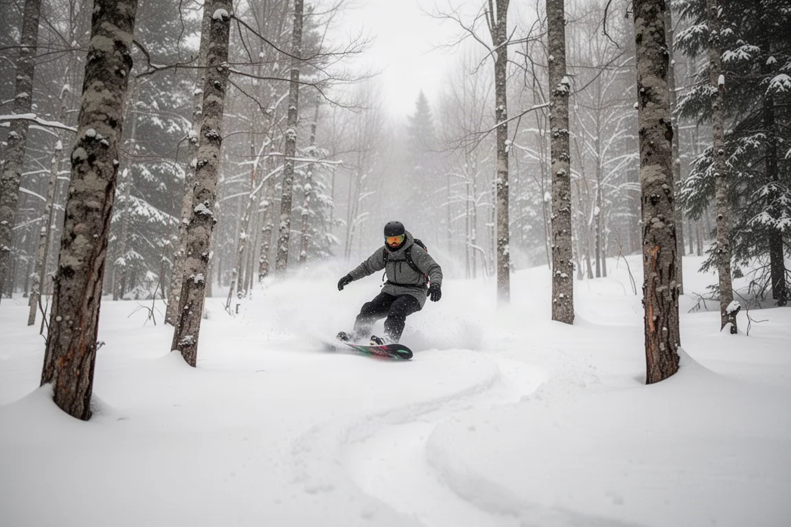 Snowboardeur glissant entre les arbres d'une forêt clairsemée par une journée de poudreuse fraîche