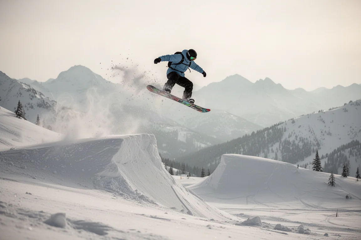 Snowboard décollant d'un kicker en backcountry avec de la poudreuse projetée en l'air