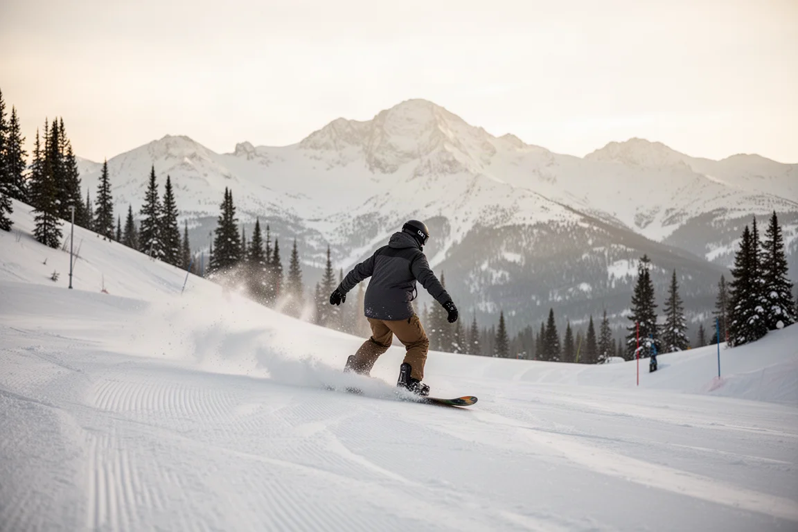 Snowboardåkare som carvar genom färsk snö på en solbelyst preparerad pist