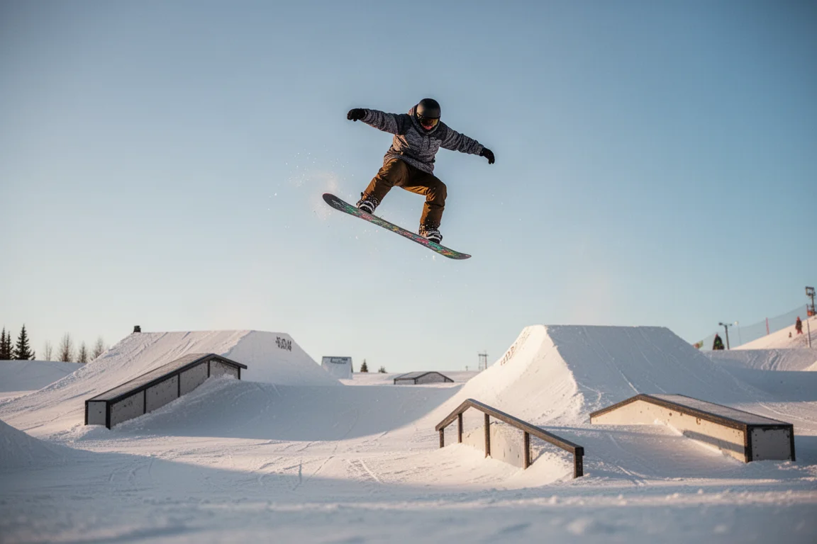 Snowboardåkare som hoppar i parken på en klar eftermiddag
