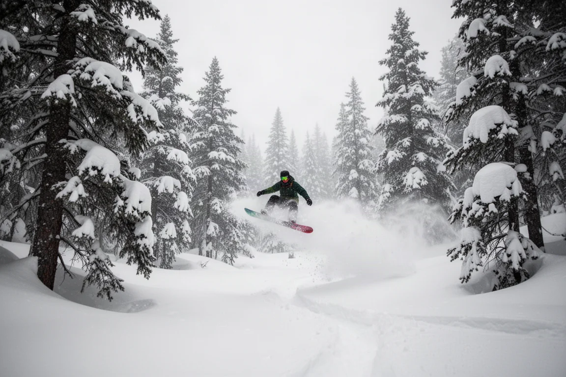 Snowboardåkare som flyter genom knädjup pudersnö mellan träd