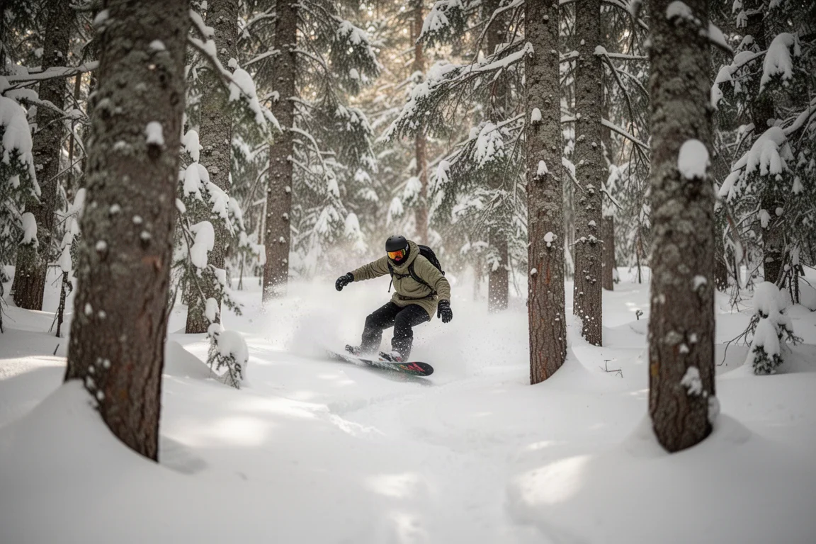 Snowboardåkare som slingrar sig genom trånga gläntor med färsk snö