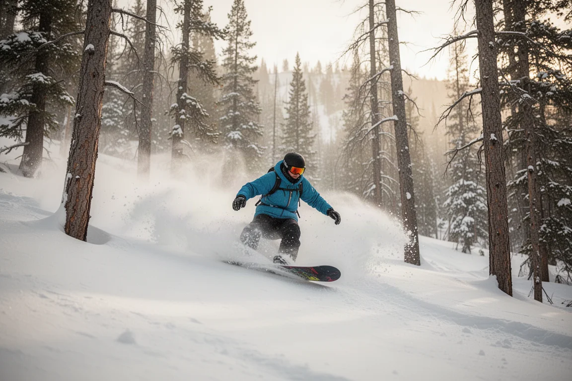 Snowboarder cortando uma curva de neve fofa entre árvores na luz suave da manhã