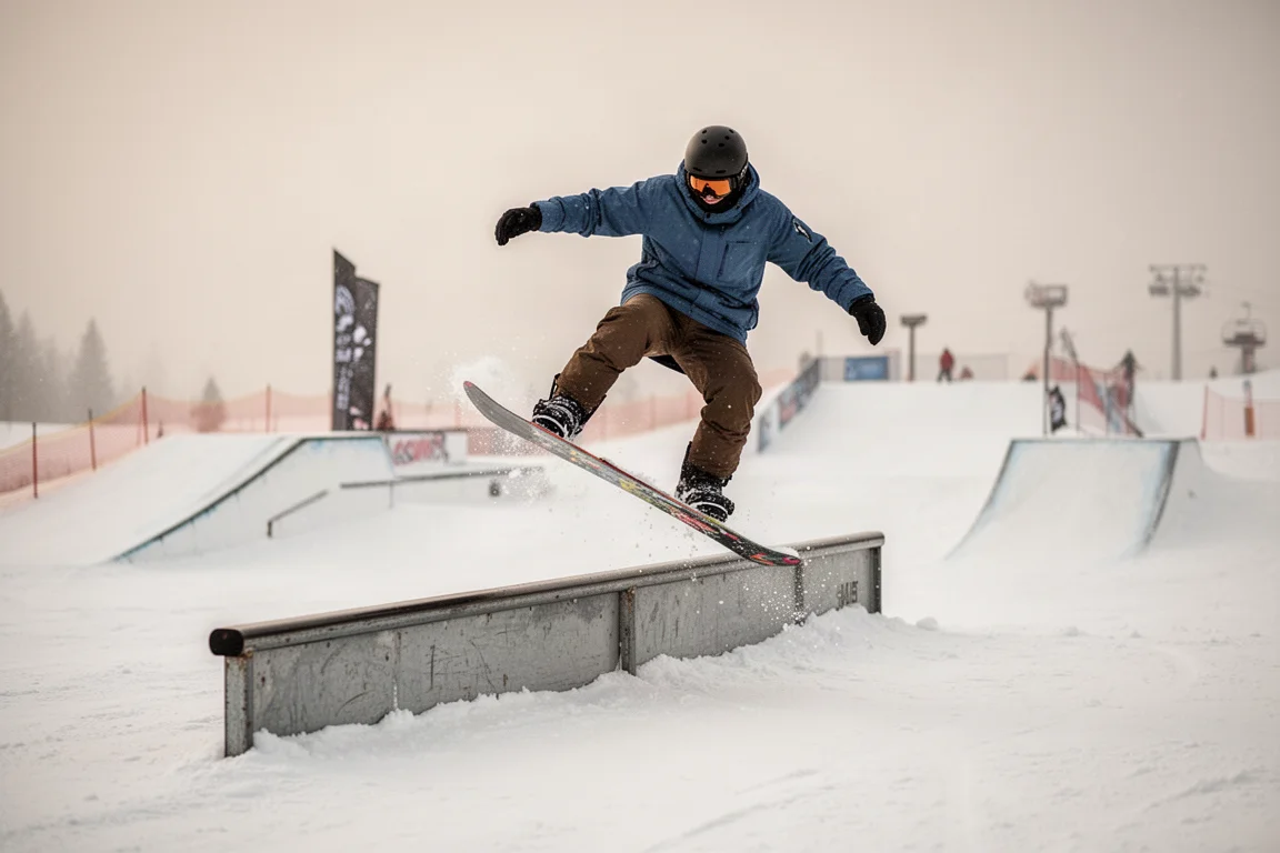 Snowboarder fazendo press num corrimão no terrain park