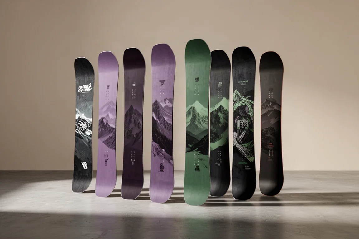Fileira de oito pranchas de snowboard em pé sobre uma superfície de concreto