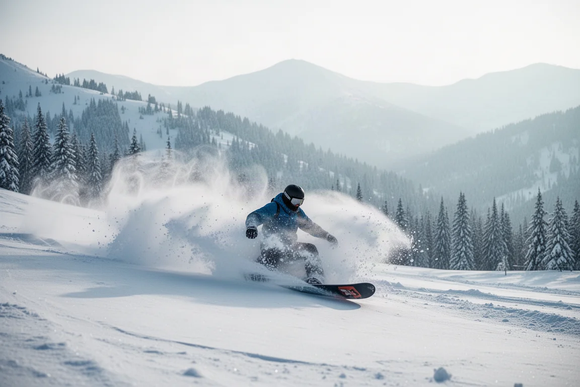 Snowboarder pflügt mit einer Schneewolke von einem Vorsprung durch den Pulverschnee